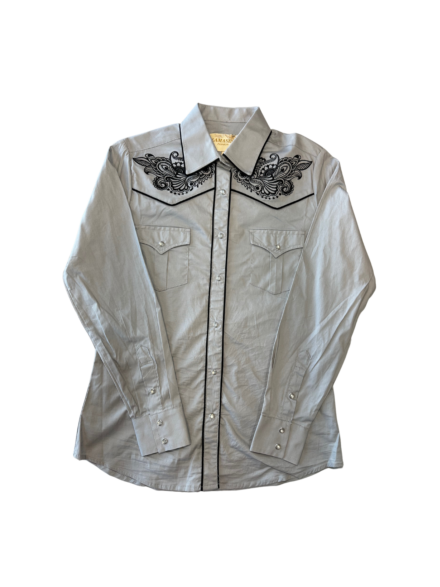 Women's Floral Embroided Button Down Shirt - Grey