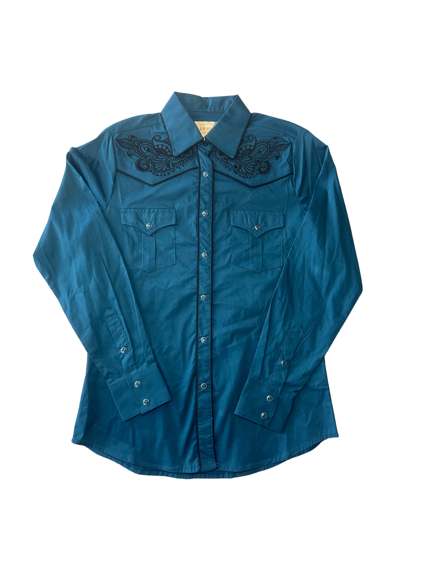 Women's Floral Embroided Button Down Shirt - Teal