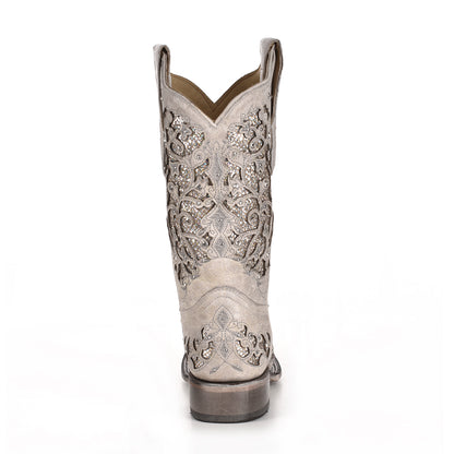Corral White Glitter Inlay & Crystals Narrow Square Toe Boot