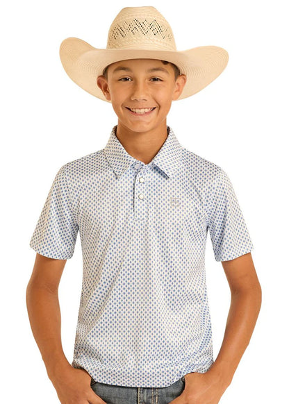 Panhandle Slim Boy's Geo Print Short Sleeve Polo - White/Blue