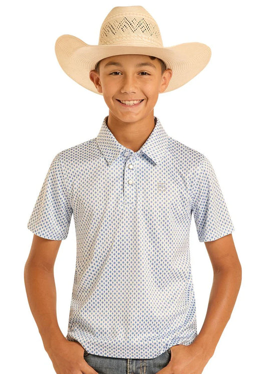 Panhandle Slim Boy's Geo Print Short Sleeve Polo - White/Blue