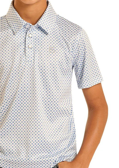 Panhandle Slim Boy's Geo Print Short Sleeve Polo - White/Blue