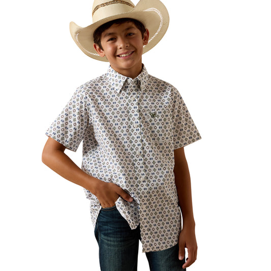 Ariat Boy's Seton Southwest Motif Print Short Sleeve - White