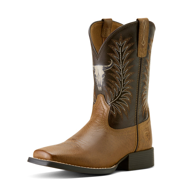 Ariat Kid's Brown Stampede Steer Skull Wide Square Toe Boot