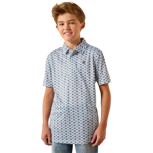 Ariat Boy's All Over Short Sleeve Print Polo - White Southwest Space