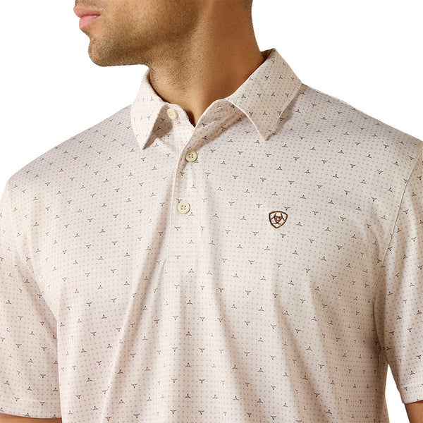 Ariat Men's All Over Steer Print Polo Short Sleeve Shirt - Tan